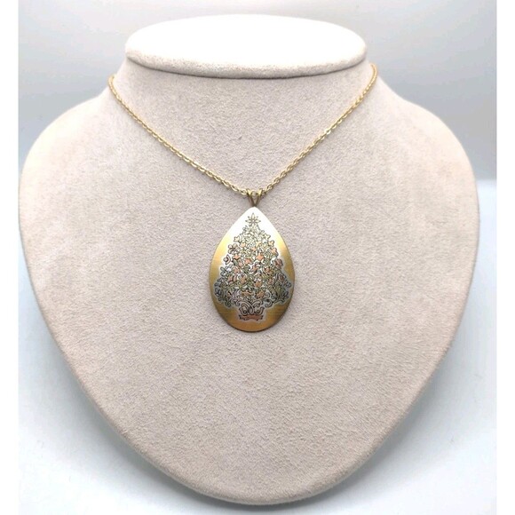 Reed & Barton 24k Gold Plate Silver Damascene Christmas Tree Pendant Necklace - Picture 3 of 10